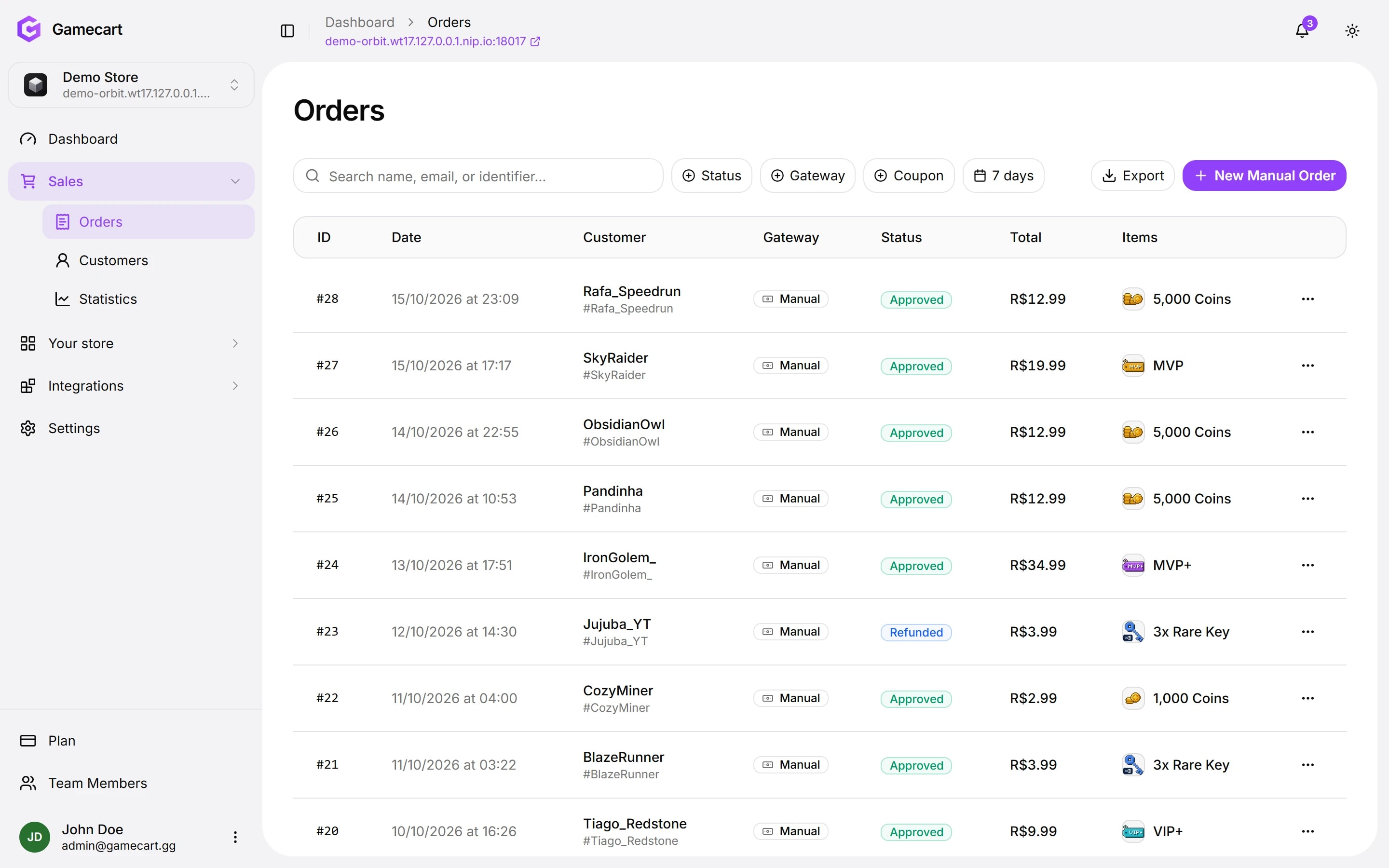 Order list in the Gamecart dashboard, with the payment status and the items of each order