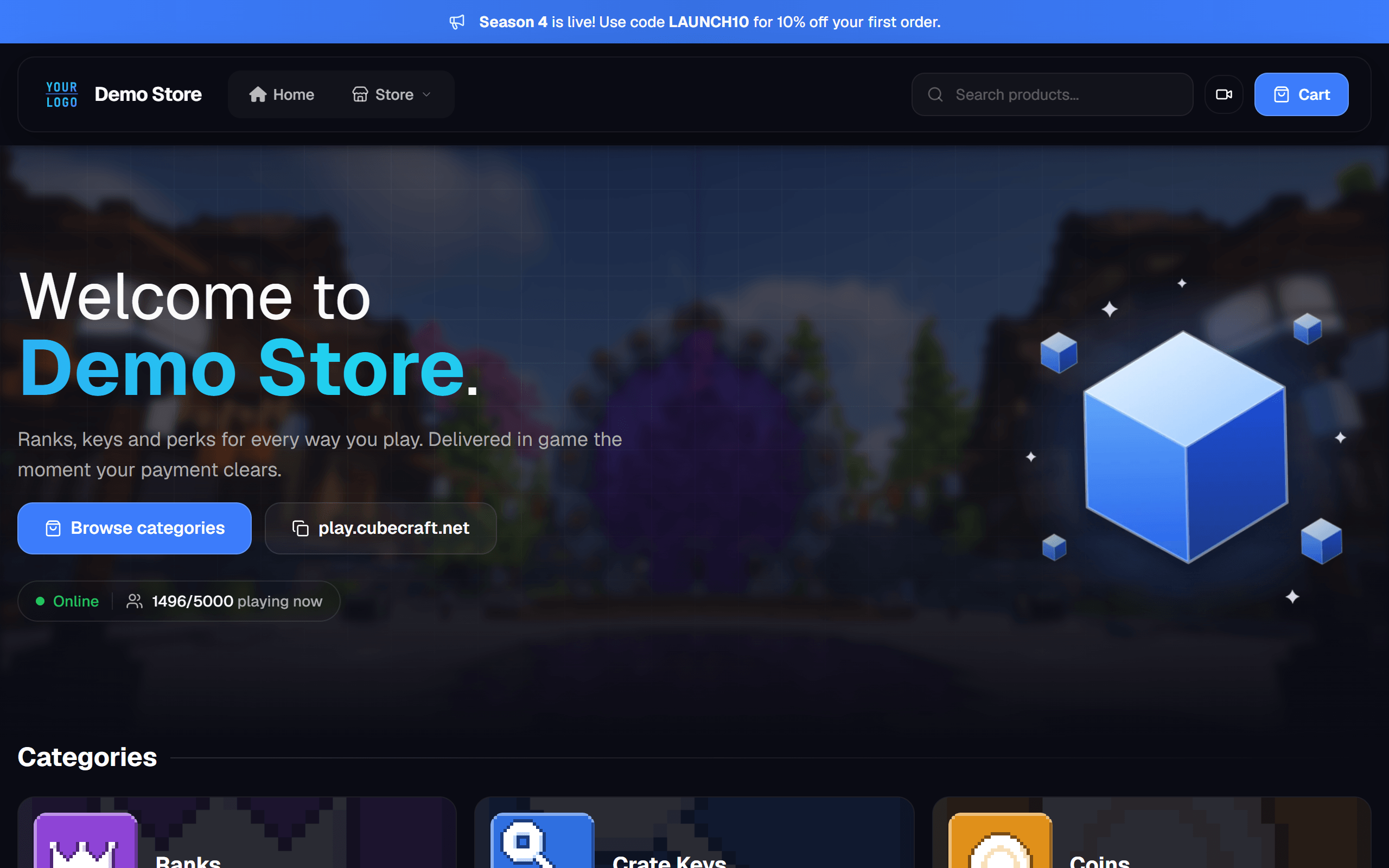 Home page of the Gamecart demo store with the Glass theme