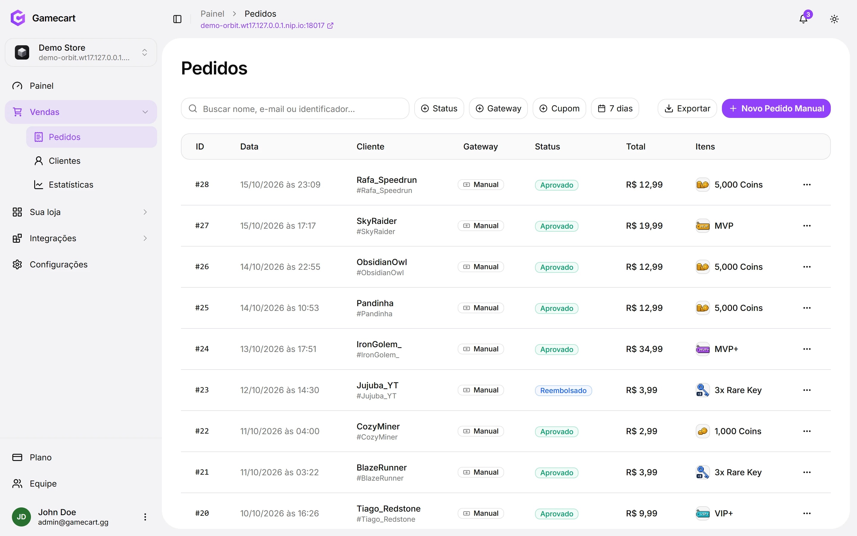 Lista de pedidos no painel da Gamecart, com o status do pagamento e os itens de cada pedido