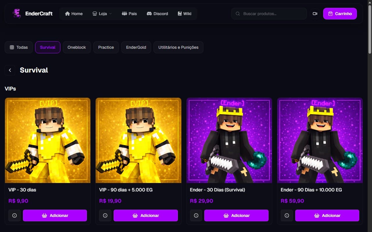 EnderCraft demo store catalog with ranks and product images